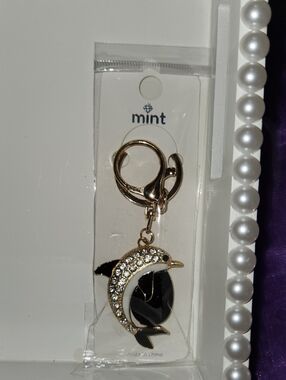 Mint Gold and Black Dolphin Keyring with Crystals